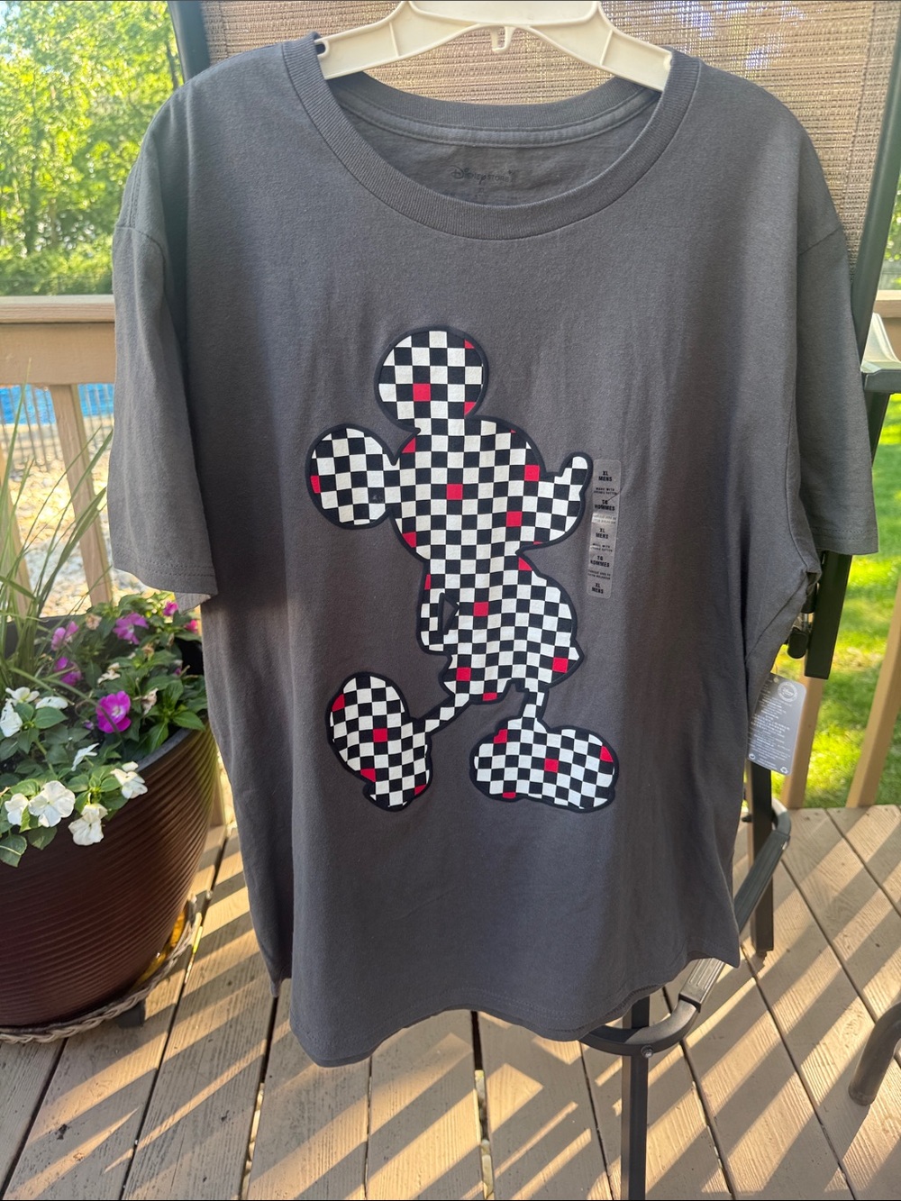 Disney Gray Short Sleeve Tee with Checkerboard Mickey and Red Accents